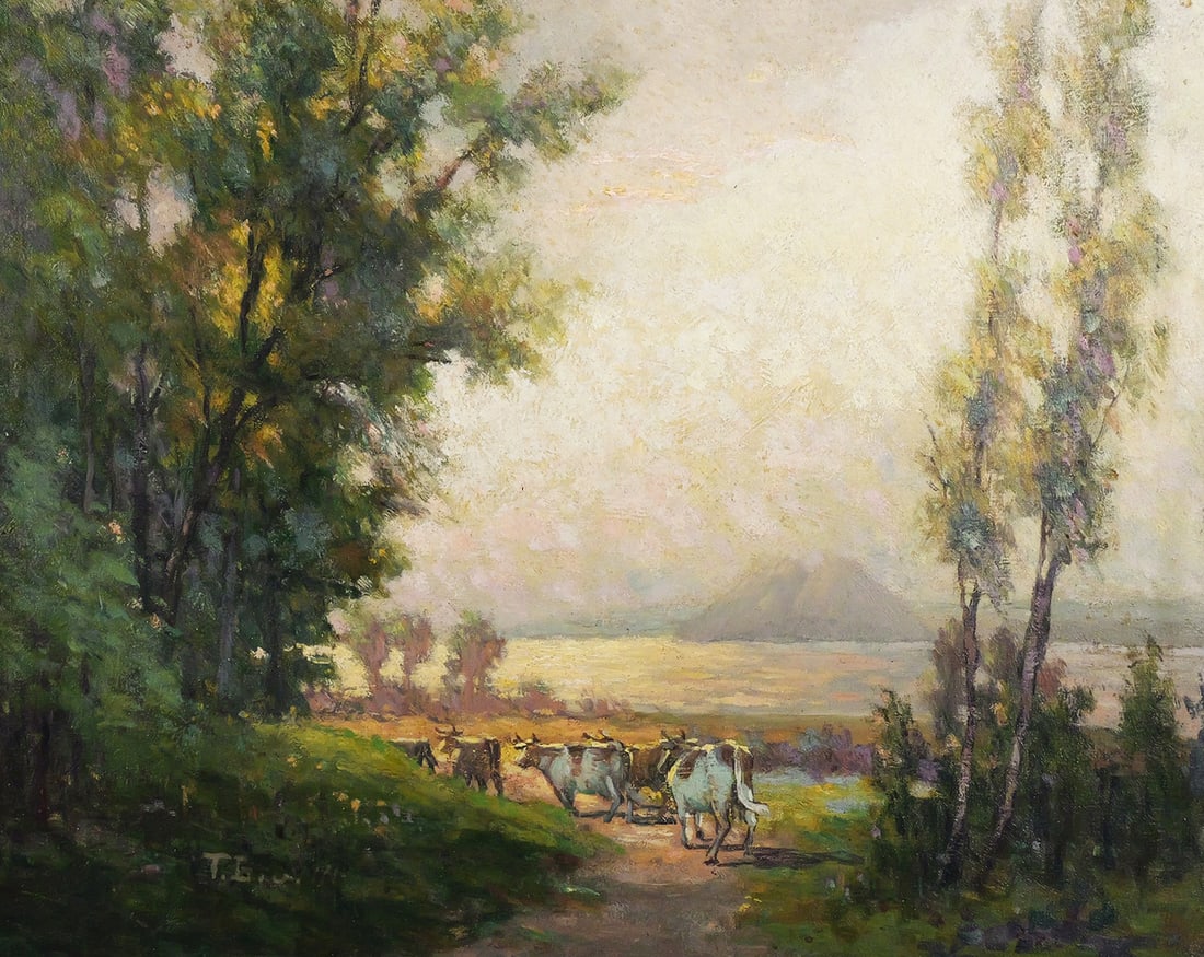 19th C Pastoral Landscape: Oil on board painting featuring a pastoral landscape with cattle on a road or path, signed lower left T. G/B (illegible). Board measures 18" x 22" frame measures 25" x 29". This item will need to be