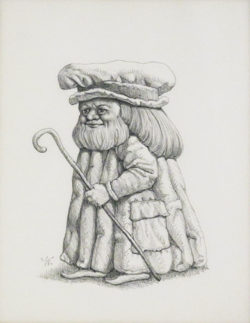 WERNER WILDNER Graphite Drawing: Graphite/pencil on paper drawing of a bearded gnome or folklore figure, signed with a "W" for German-American artist Werner Wildner (1925-2004), sight 6" x 4-1/2" and frame measures 15-1/2" x