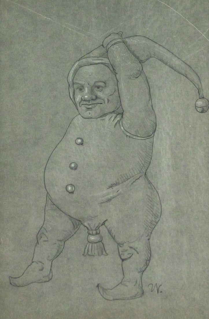 WERNER WILDNER Graphite Drawing: Pencil and white chalk drawing on vellum or tracing paper featuring a jester or gnome figure, signed "W" for German-American artist Werner Wildner (1925-2004), sight 17" x 11" frame measures 22" x