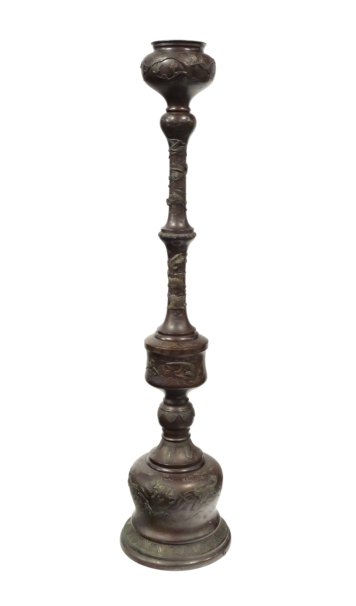 Japanese Meiji Bronze Incense Burner: Vintage Meiji style bronze floor lamp base or censer. The base and shaft are made of dark patinated bronze. The lamp features stacked bulbous segments with engraved and relief-decorated motifs depicti