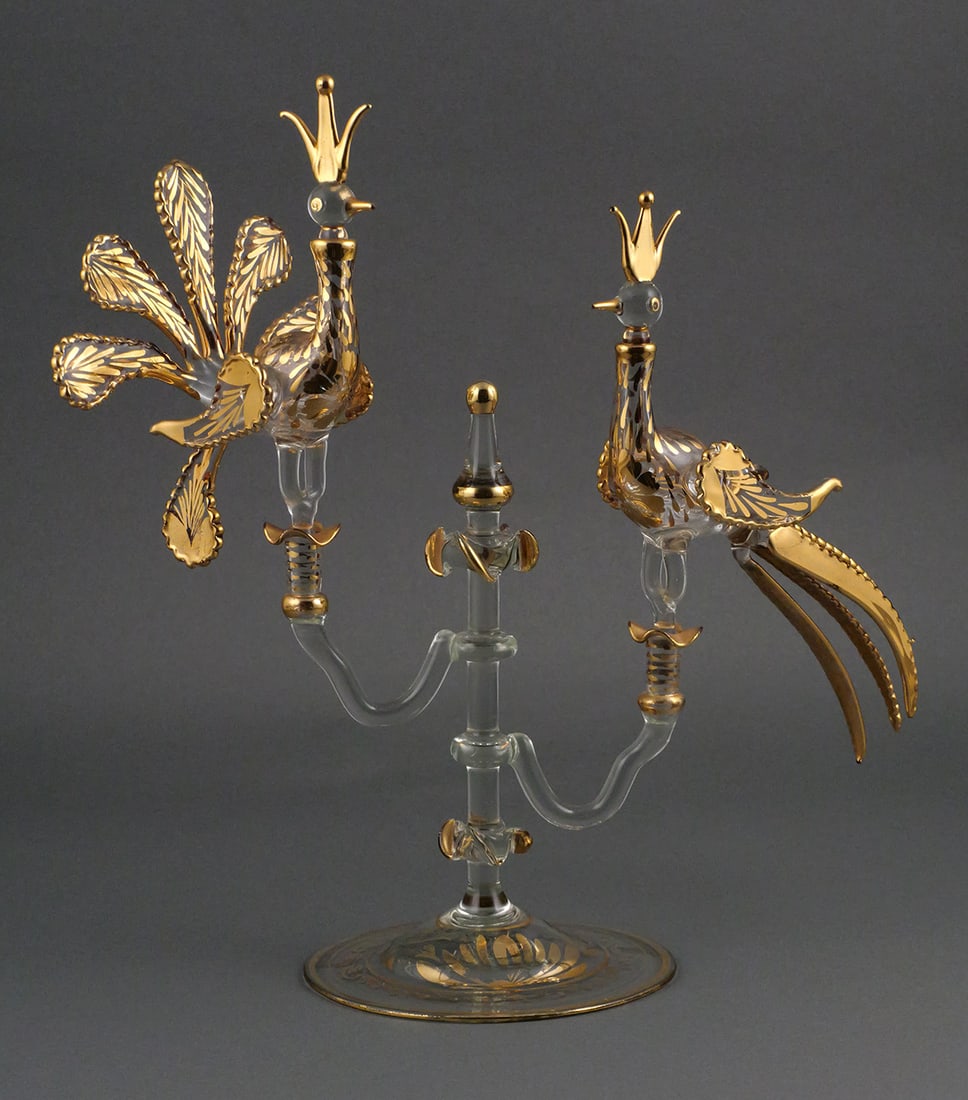 Murano-Style Gilt Glass Bird Vanity Perfume: Hollywood Regency mid 20th century two-arm vanity set with peacock form perfume bottles. Vintage one of a kind OOAK Venetian style gilt-decorated blown glass with a circular glass base, the bird's