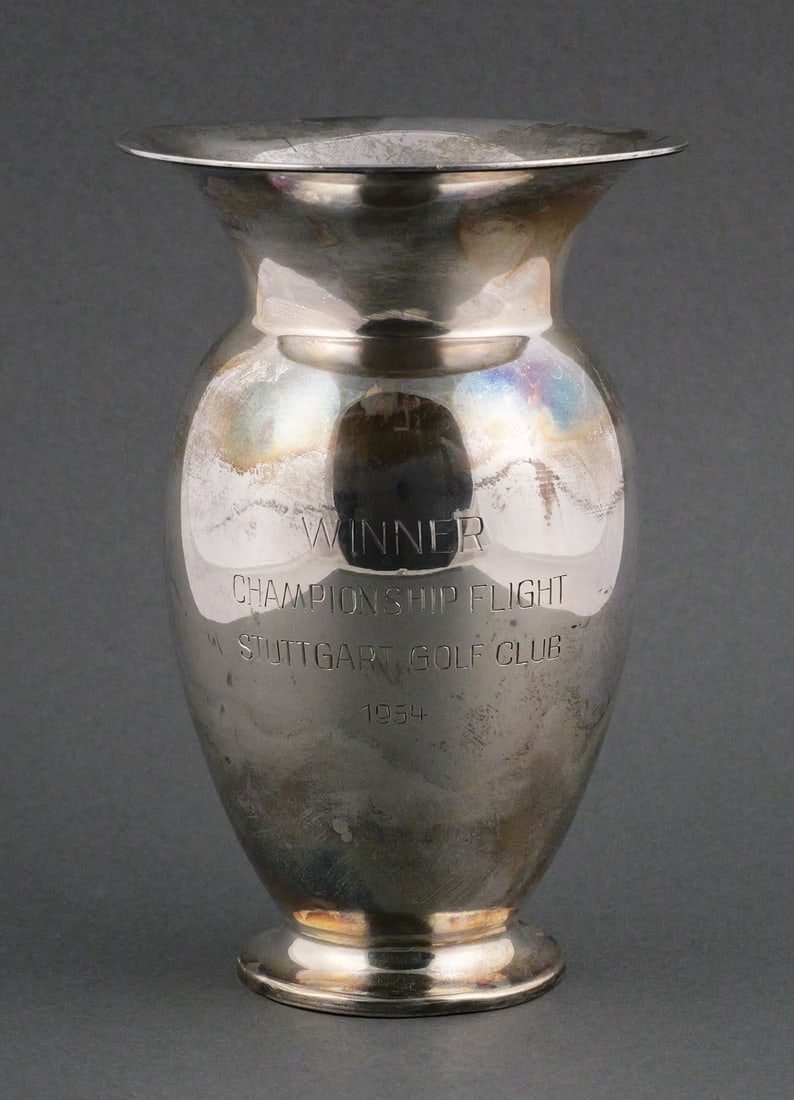 Sterling Silver Winner Golf Club Trophy Vase Cup: Vintage 1954 German Sterling Silver Winner Golf Club Trophy Vase Cup. Measures 6-1/2" tall 4-1/4" wide. Weight is approx 7.73 ozt. This item can be shipped in-house. Multiple lot combined shipping
