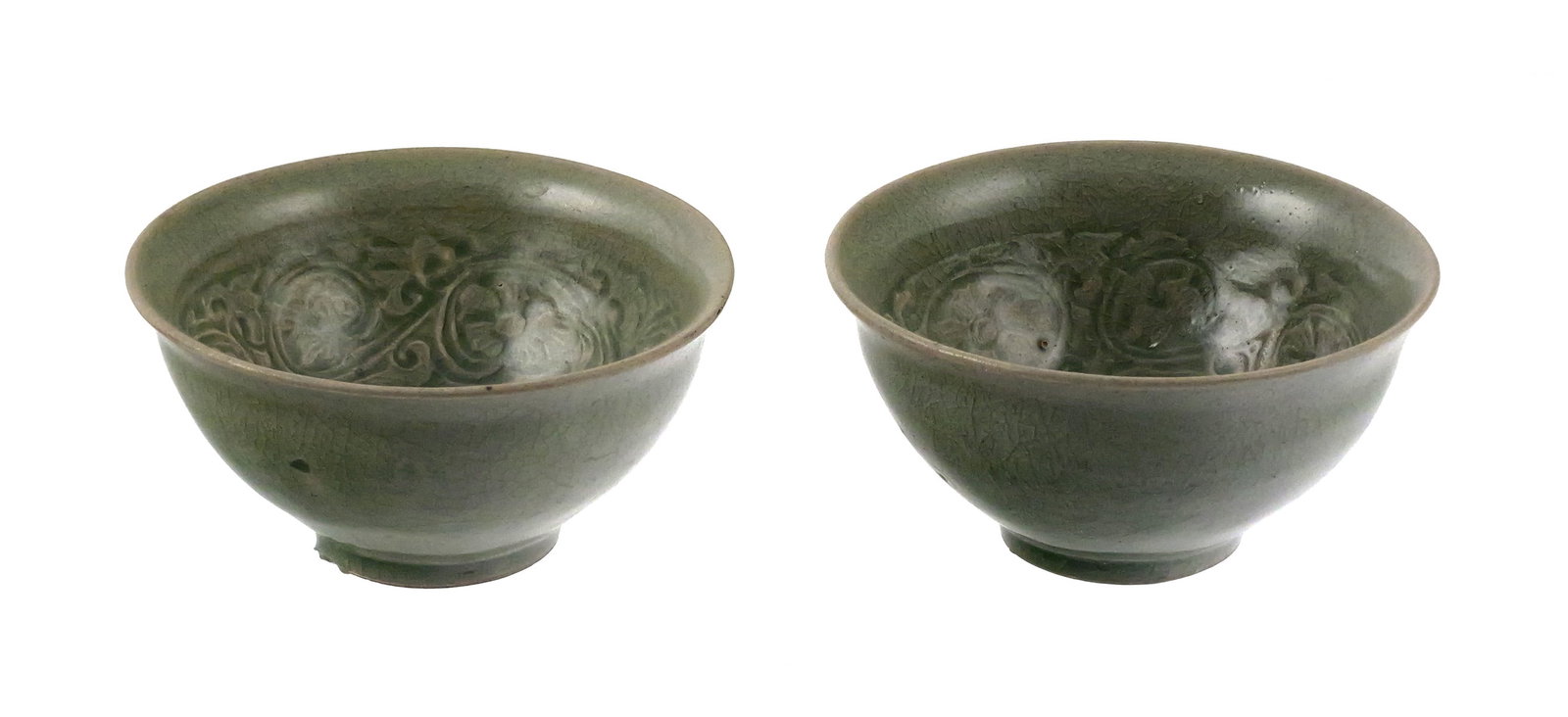 (2) Chinese Celadon Glazed Bowls Longquan Style: (2) Chinese Celadon Glazed Bowls Longquan or Yaozhou Style. Measure 4-5/8" wide, 2-3/8" tall. This item can be shipped in-house. Multiple lot combined shipping may require 3rd Party shipping.