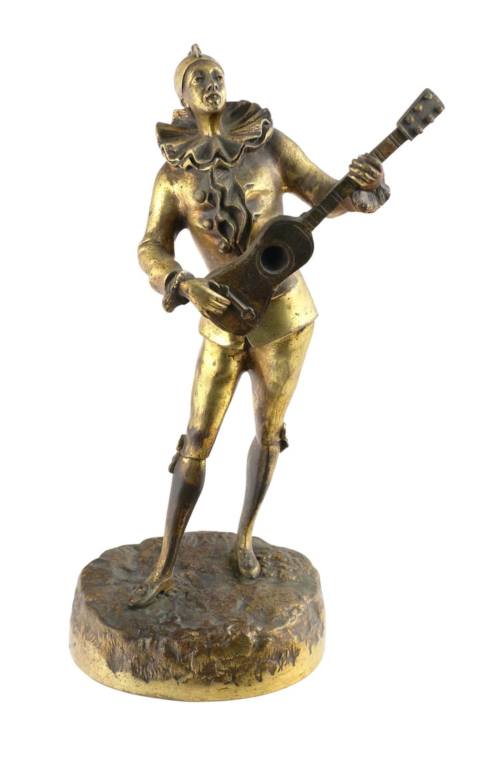Louis Mascre Art Deco Gilt Bronze Figure: Louis Mascre (Mascree) Art Deco Gilt Bronze Figure, "Pierrot a la Mandoline" depicting a French clown holding a mandoline. Measures approx 12-1/4" tall, 7" wide, 4-5/8" deep. Inscribed with the