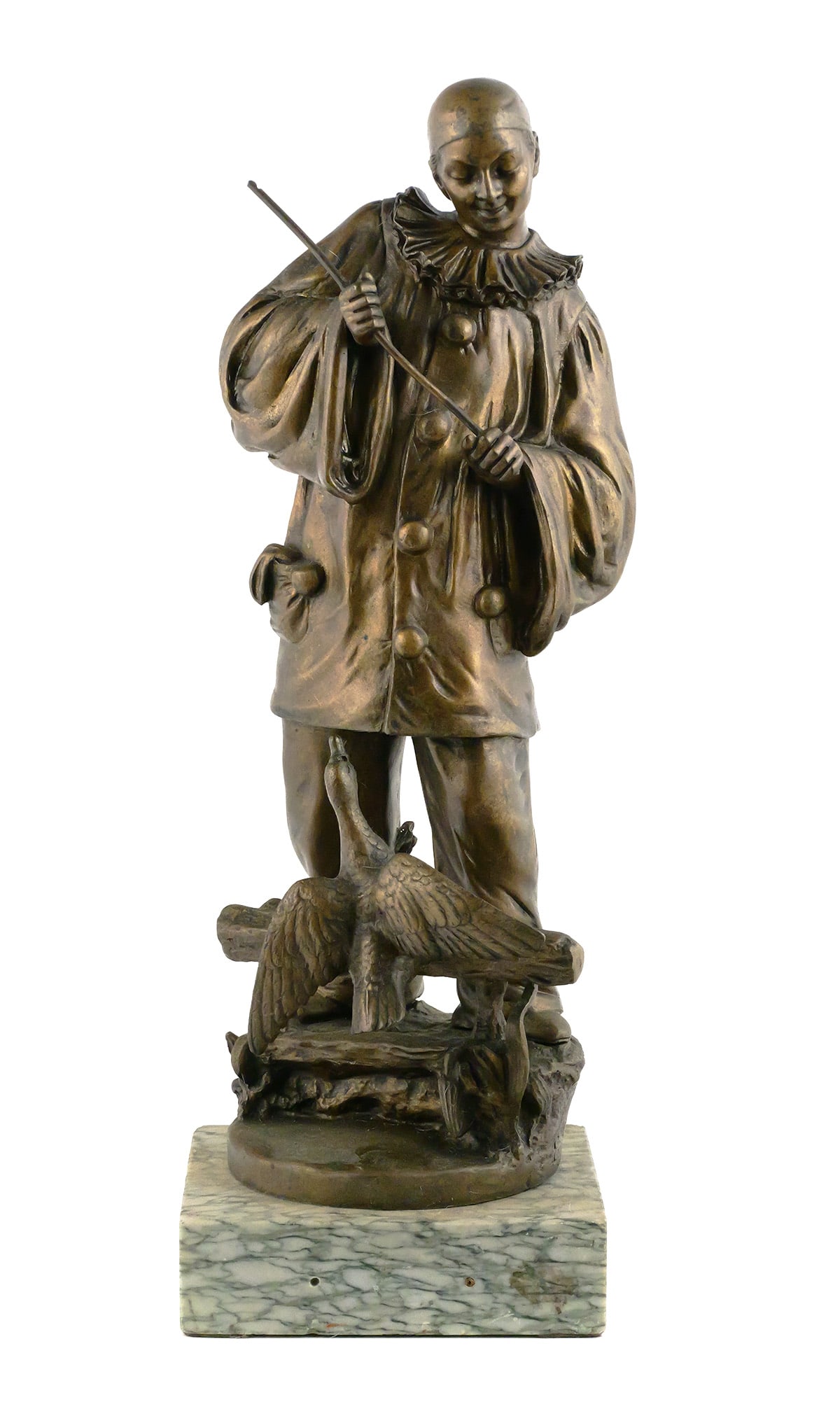 Ernest Wante Pierrot & Duck Bronze: Bronze sculpture after Belgian artist Ernest Wante (1872-1960), "Pierrot Avec Oie," depicting Pierrot in theatrical costume holding a long staff with a bird at his feet. Bears an incised "E. Wante"