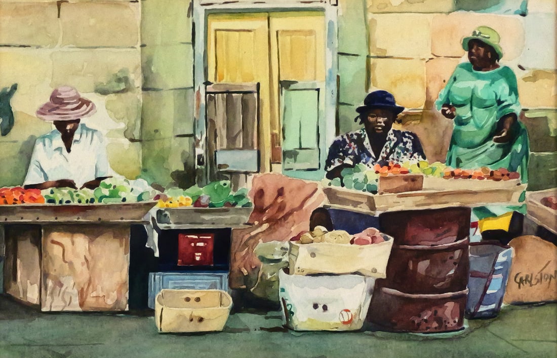CARLSTON HAMBLIN Caribbean Street Vendors: Watercolor on paper of Caribbean street vendors with produce, signed on the lower right Carlston. Image 6-1/4" x 9-3/4" frame measures 16" x 19". This item can be shipped in-house. Multiple lot