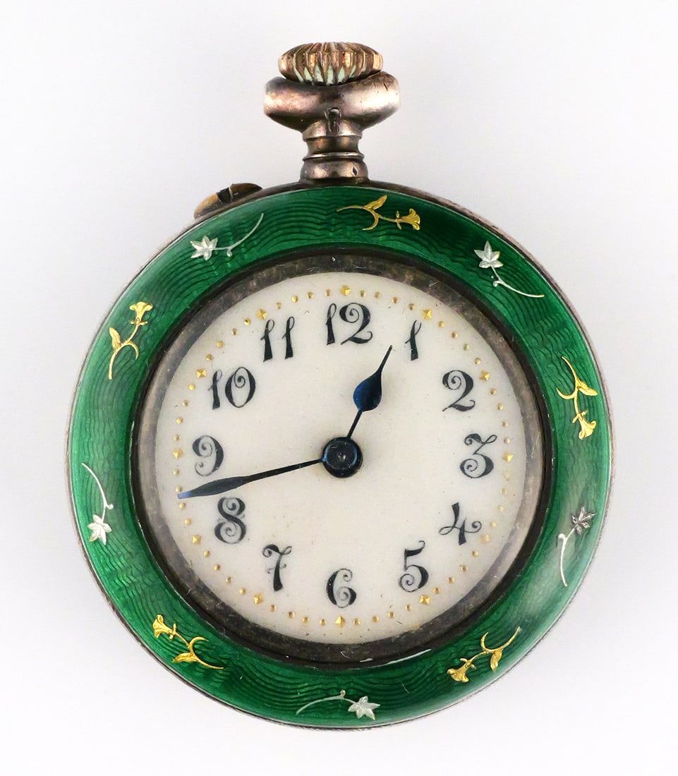 Antique Silver Guilloche Enamel Pendant Watch: Antique silver pendant watch with a 28 mm round case decorated in translucent green guilloche enamel with gold and white floral and foliate motifs. White dial with stylized Arabic numerals, gold