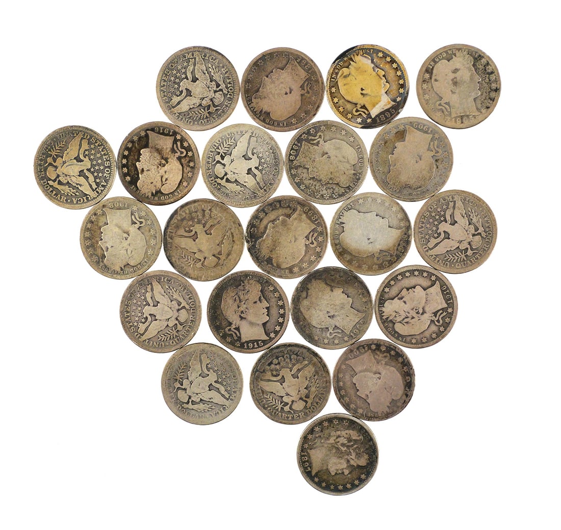(22) Barber Silver Quarters 1895-1915: Group of 22 U.S. Barber quarters dated from 1895 to 1915. 90% silver. Mixed dates and circulated condition. This item can be shipped in-house. Multiple lot combined shipping may require 3rd Party