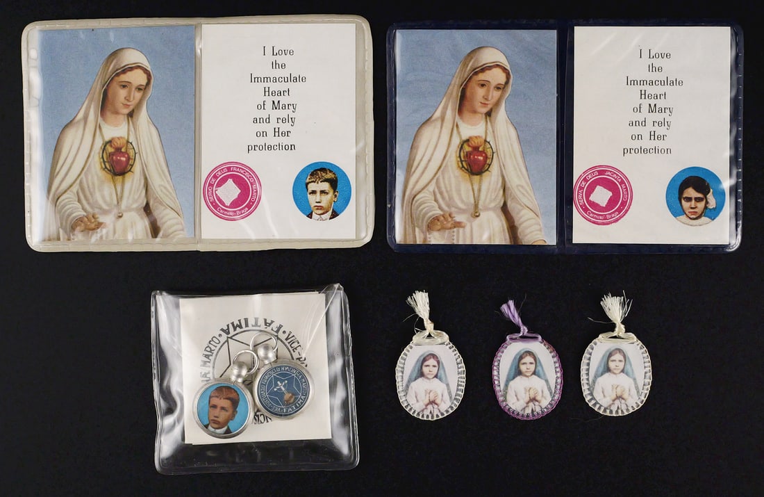Fatima Francisco & Jacinta Marto Relics w/ COA: Collection of Catholic relics of Fatima visionaries Saints Francisco and Jacinta Marto. Includes two round reliquary pendants with particles from their original wooden coffins, three Jacinta Marto rel