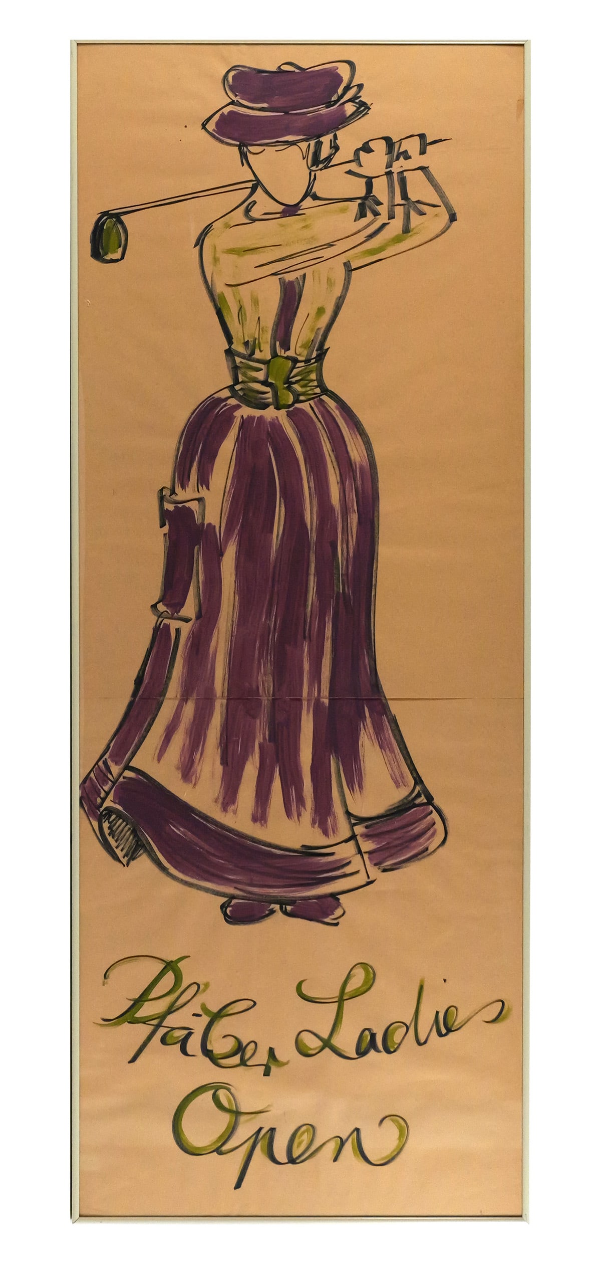 Vtg Tampa HABER'S Ladies Golf Illustration: From a Florida collection. Large vertical original composition, marker and paint on paper of an early 20C style female golfer with a large skirt, with script at the bottom that reads "Haber Ladies Ope