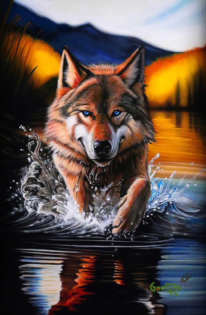 MICHAEL GODARD Alaskan Wolf Giclee: Embellished giclee on canvas of an Alaskan Wolf, signed Godard lower right and numbered B 112/200. Image measures 23-1/2" x 16" frame measures 35" x 26-3/4". This item will need to be shipped by a pac