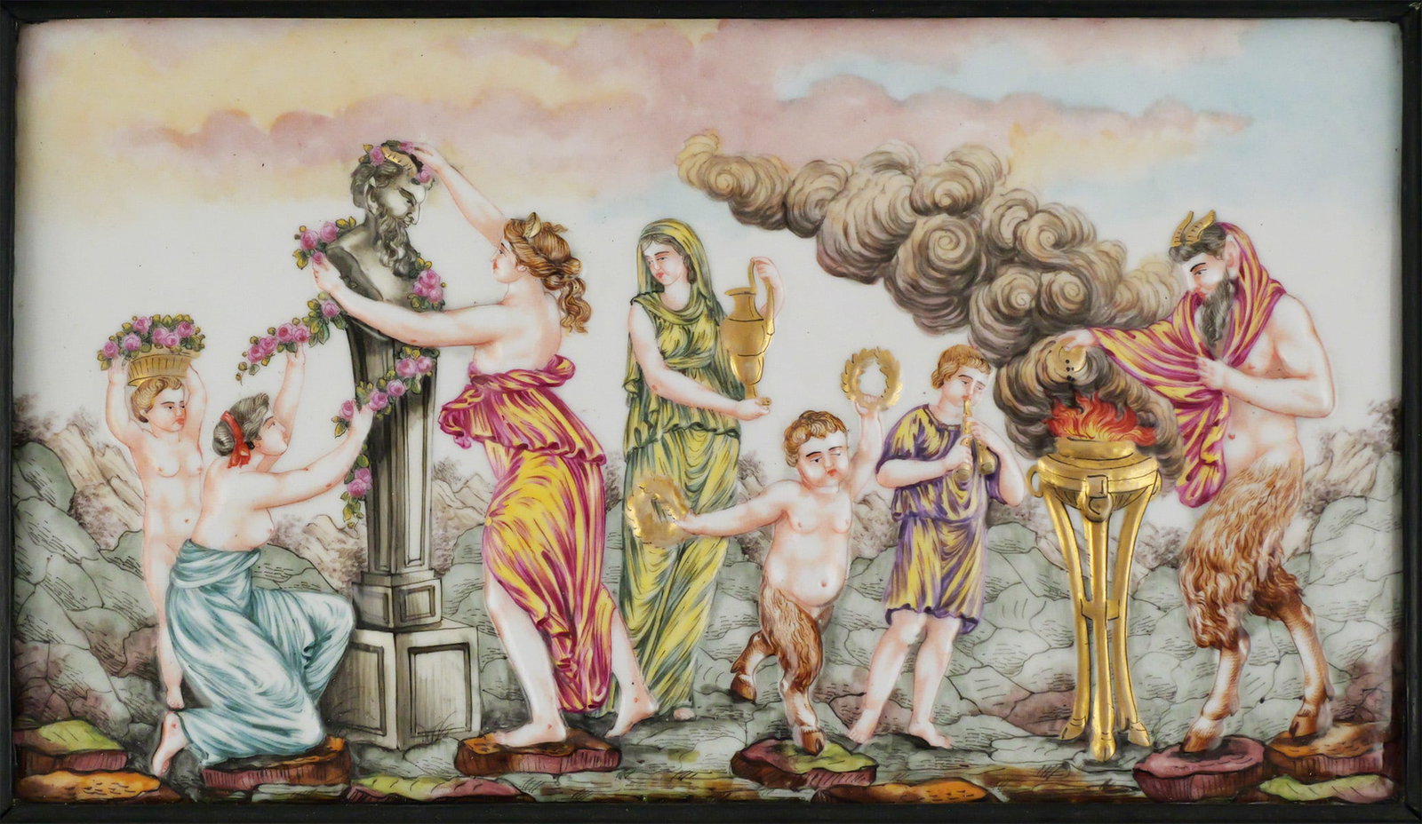 Capodimonte Hand Painted High Relief Wall Plaque: 19th Century Italian Capodimonte Hand Painted Porcelain High Relief Wall Plaque. Scene of the Gods on Mt Olympus. Set in an ebonized Florentine style frame with gilt ormolu mounts, inlaid with various
