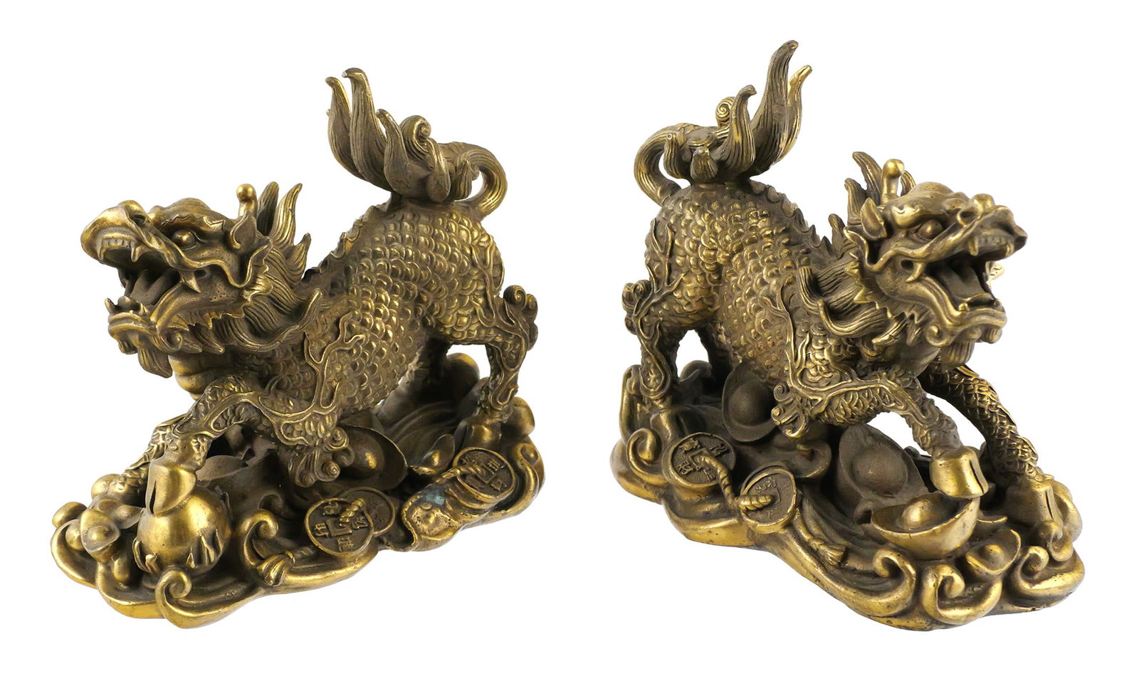 Pair of Chi Lin Qilin Mythological Dragon Figures: Pair of Chi Lin Qilin (Kylin) Mythological Dragon Figures. Measure approx 5" tall, 5-3/4" long. This item can be shipped in-house. Multiple lot combined shipping may require 3rd Party shipping.