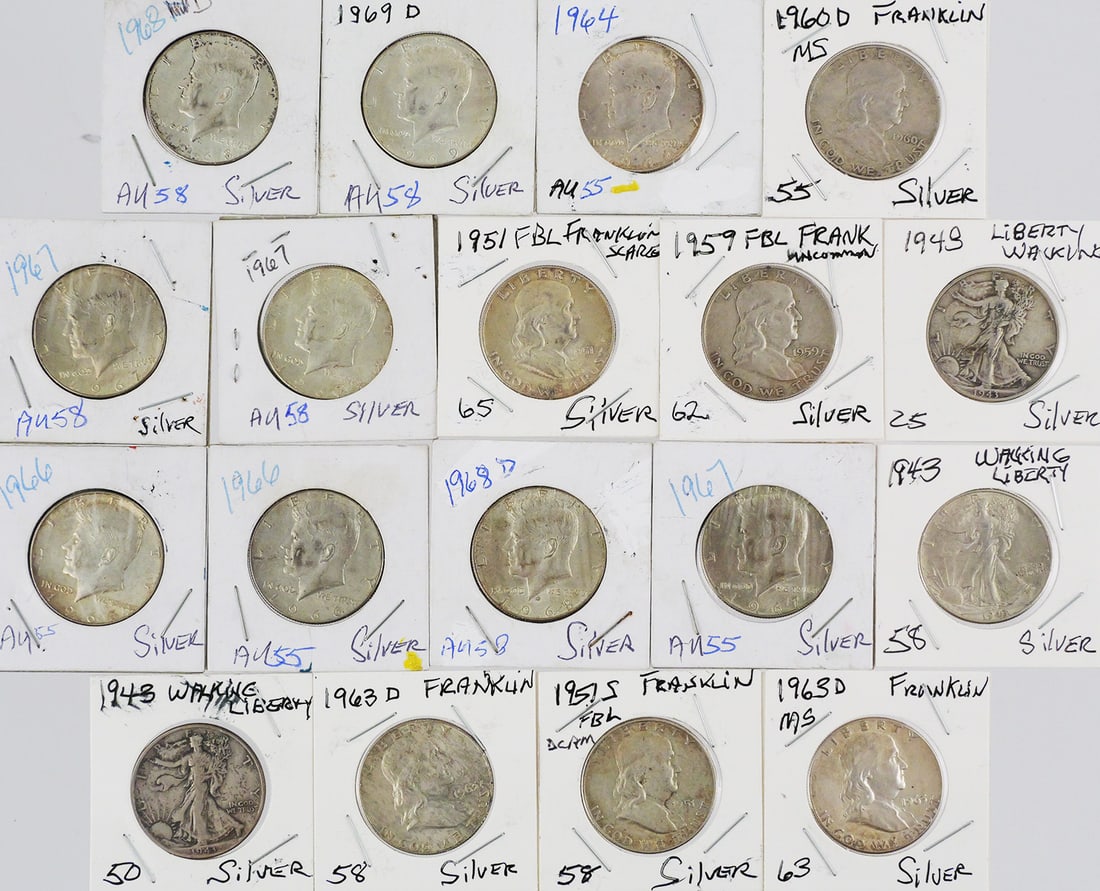 (18) U.S. Silver Half Dollars 1943-1969: Group of 18 U.S. half dollars dated 1943-1969, including Walking Liberty, Franklin and Kennedy issues. Mixed dates and circulated condition. Includes 90% and 40% silver coins. Holder information refle
