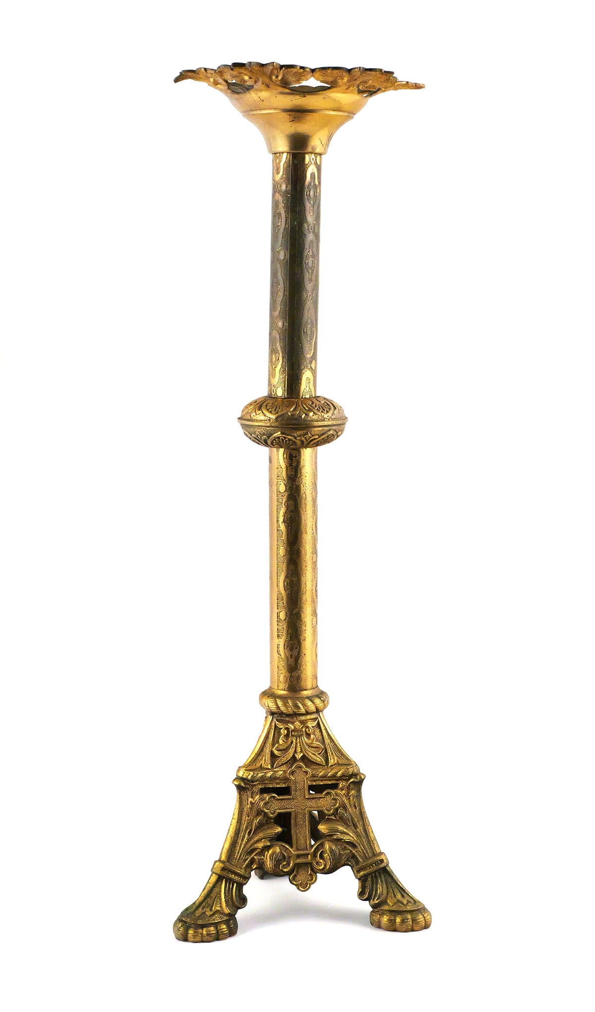 Gothic Revival Gilt Metal Altar Candlestick: Large Gothic Revival gilt-metal altar or church candlestick with tall decorated standard, openwork tripartite base incorporating a cross and foliate ornament, and pierced foliate bobeche. Measures