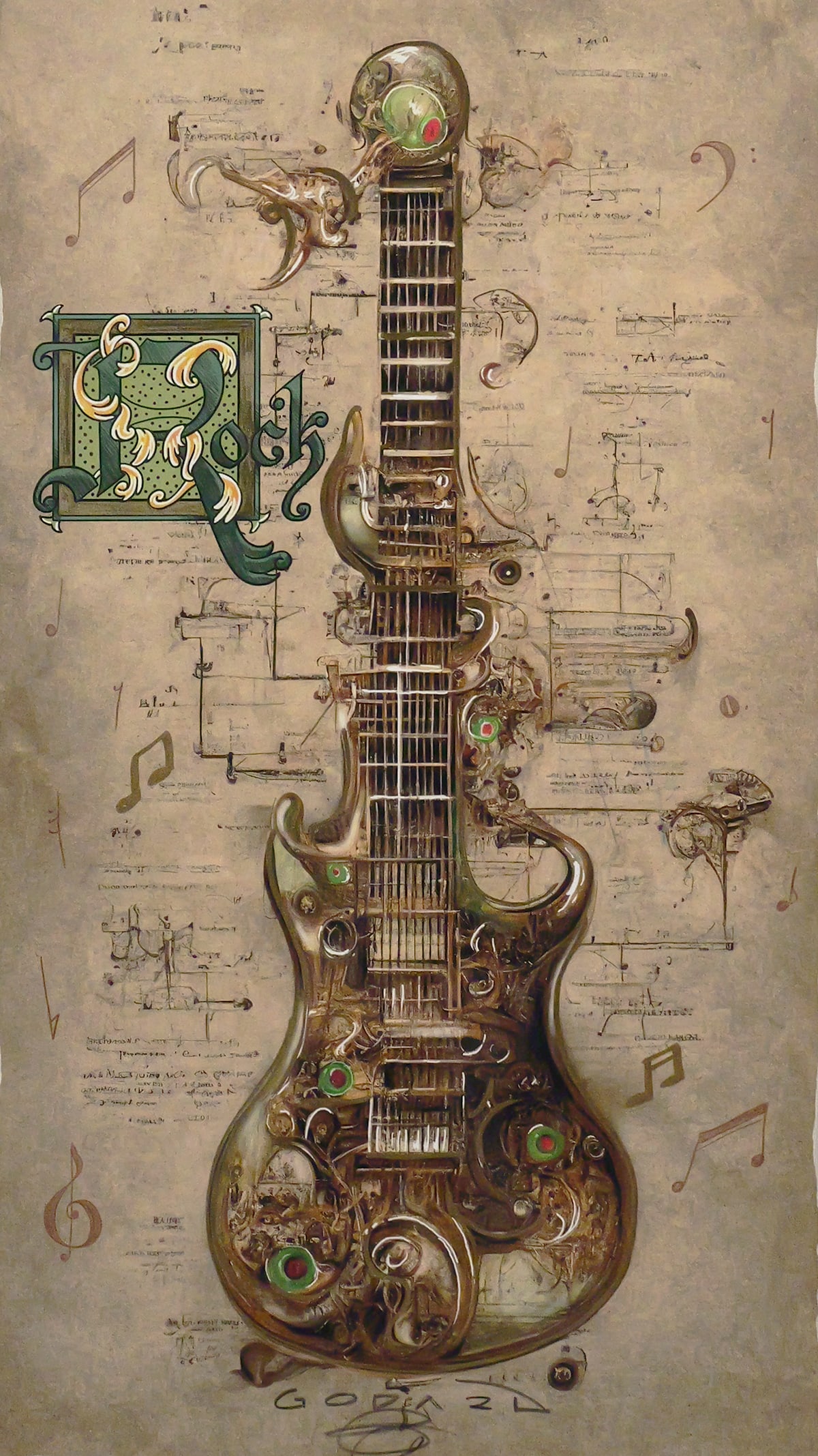 MICHAEL GODARD Rock Mixed Media: Mixed media/ embellished etching on paper titled "Rock" featuring a guitar with mechanical notations with Godard style olives, signed lower center. Paper measures 21" x 11-1/2" frame measures 35" x