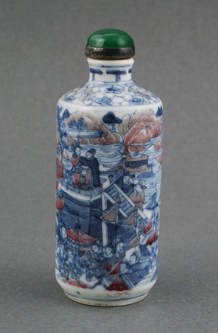 Chinese Snuff Bottle Harbor Scene: Antique Chinese, Qing Dynasty era, porcelain snuff bottle. Decorated with a highly detailed harbor scene in blue and red glaze and havin a green stone and silver lid. Approx. 3-3/8"H with lid. This it