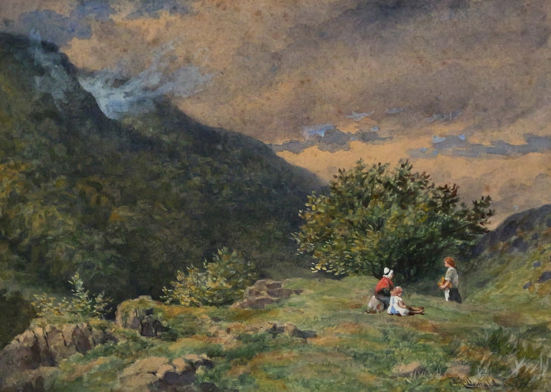 DONALD RSA Pastoral Landscape: Watercolor or gouache on paper featuring three figures in a mountain landscape, signed lower right corner Donald followed by RSA, likely the designation for Royal Scottish Academy. Image measures 9-1/
