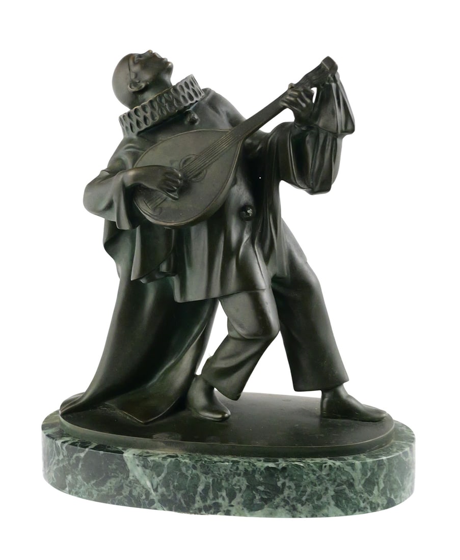 Karl Perl Signed Original Art Deco Bronze Statue: Karl Perl (Austria, d. 1965) Signed Original Art Deco Bronze Statue of a Harlequin Pierrot Musician. Measures approx 9-1/2" long, 8" wide, 5" deep. This item can be shipped in-house. Multiple lot comb