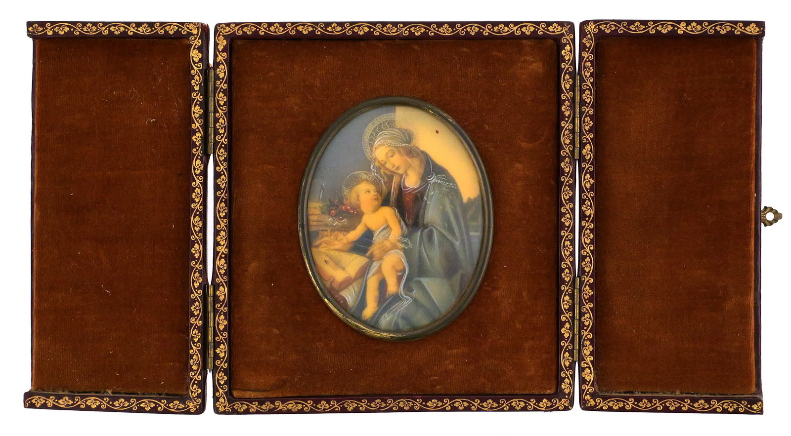 Miniature Devotional Painting Signed: Antique miniature painting of the Madonna and Child, housed in a tooled leather travel case with an easel back. Painting signed along left edge and presumed to be on celluloid. Case approx. 5-1/8" squ
