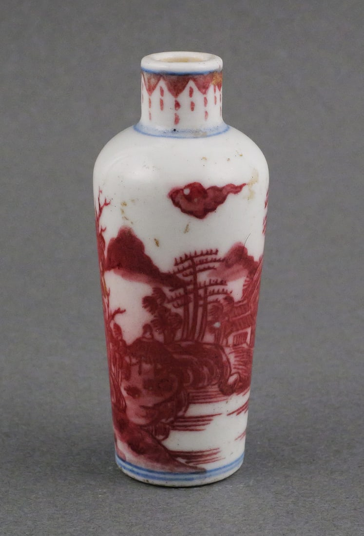 Chinese Snuff Bottle Qing Mark: Antique porcelain snuff bottle. Chinese Qing Dynasty mark, copper or iron red glaze scene with blue accents. 3"H. This item can be shipped in-house. Multiple lot combined shipping may require 3rd