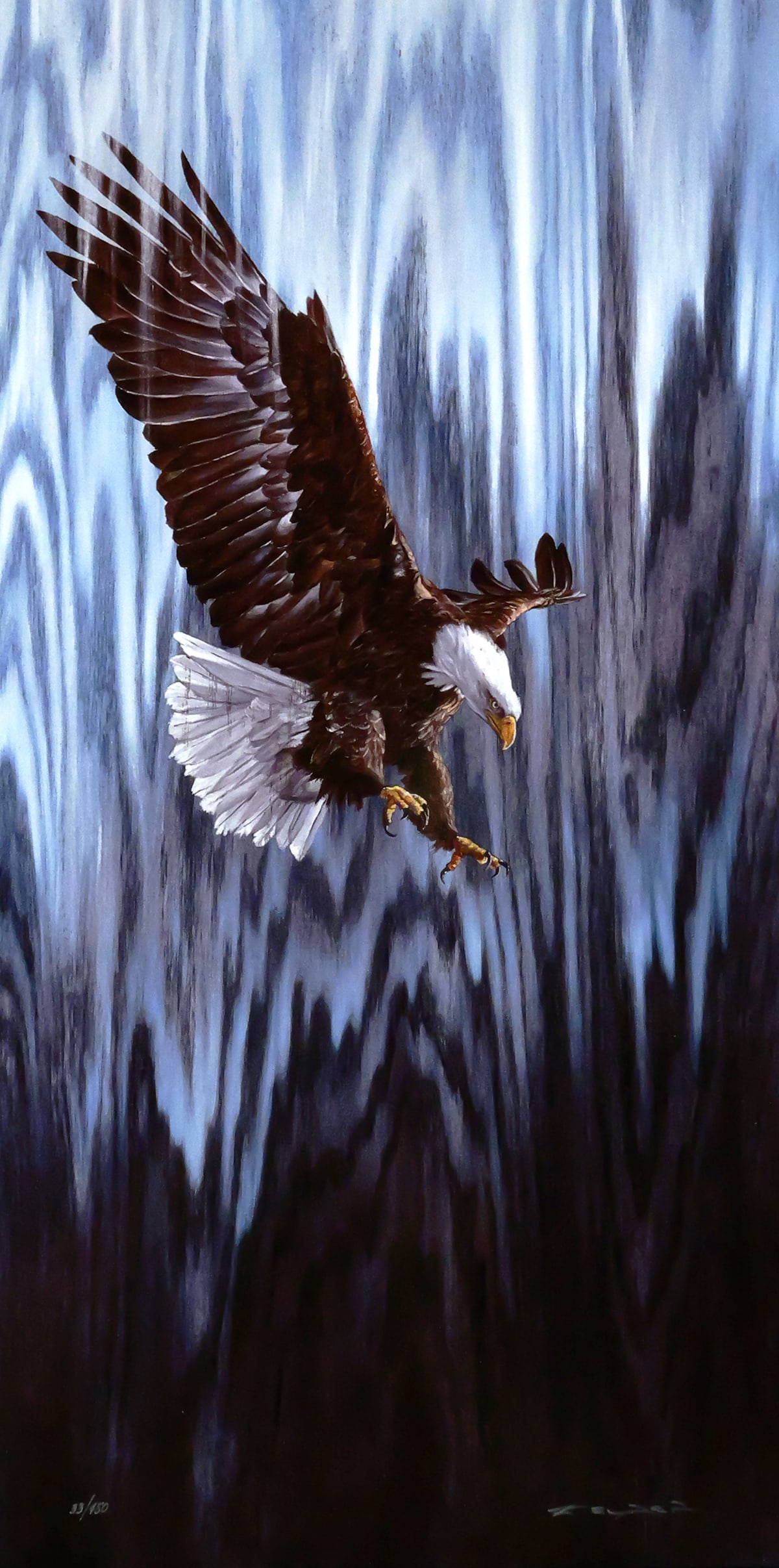 MATT BEYRER Eagle Artwork: Dye sublimation on wood of a work titled "On the Fly" featuring a Bald Eagle in Flight by Matt Beyrer, signed lower right and numbered lower left 33/450. Image measures 24" x 12" frame measures 37" x