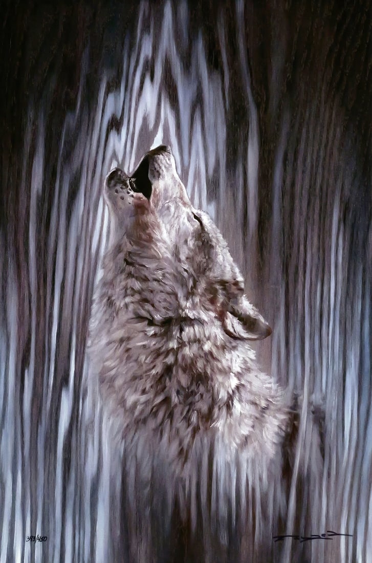MATT BEYRER Wolf Artwork: Dye sublimation on wood of a work titled "Call of the Wild" featuring a howling wolf by Matt Beyrer, signed lower right and numbered lower left 393/450. Image measures 21" x 14" frame measures 34" x