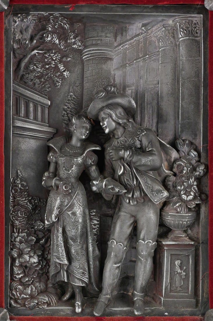 Antique High Relief Framed Metal Wall Plaque: Antique High Relief Framed Metal Wall Plaque. French, Renaissance era garden scene. Frame measures approx 18" x 23-1/4", frame window approx 9-3/4" x 15-1/4". This item will need to be shipped by a