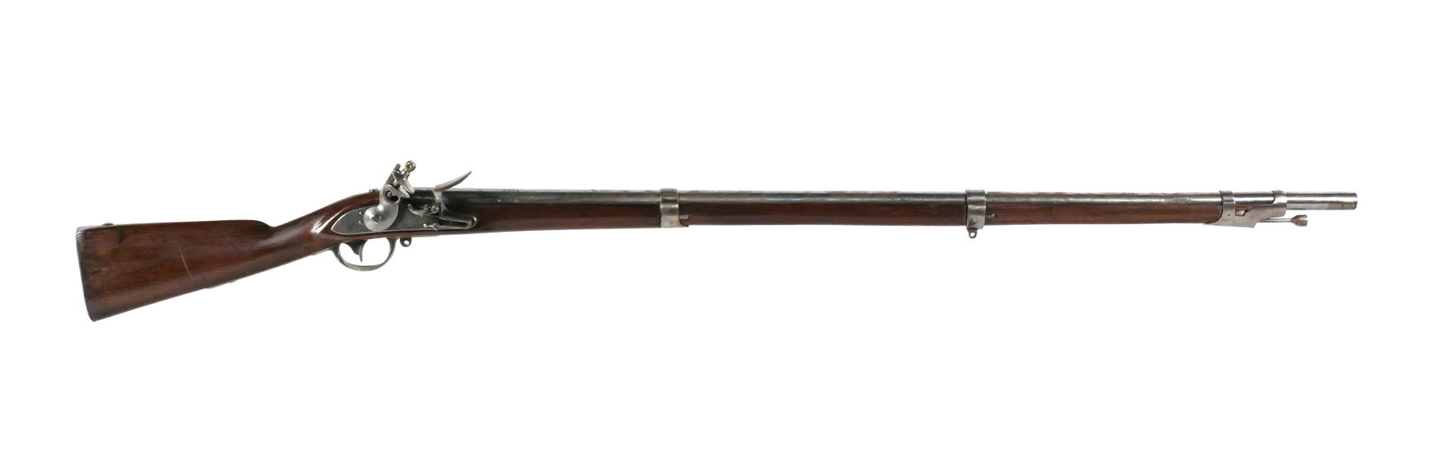 U.S. Springfield 1816 Replica Flintlock Musket: Decorative reproduction of a U.S. Springfield Model 1816 flintlock musket, with full-length wood stock, three barrel bands, flintlock-style action and steel furniture. Lock marked with eagle and "US