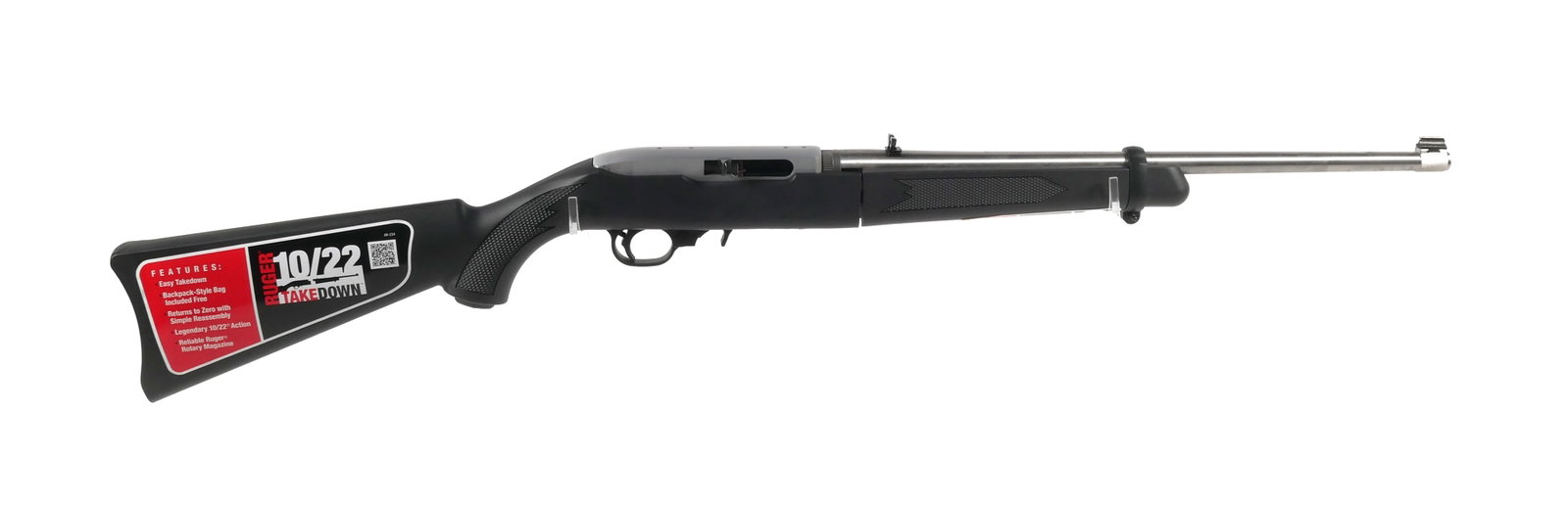 Ruger 10/22 Takedown .22 LR Stainless Rifle: Ruger 10/22 Takedown semi-automatic rifle, .22 LR caliber, serial number 823-11584. Stainless steel with black synthetic stock. 18-1/2" barrel. Catalog number K10/22-TD, model 11100. Includes Ruger