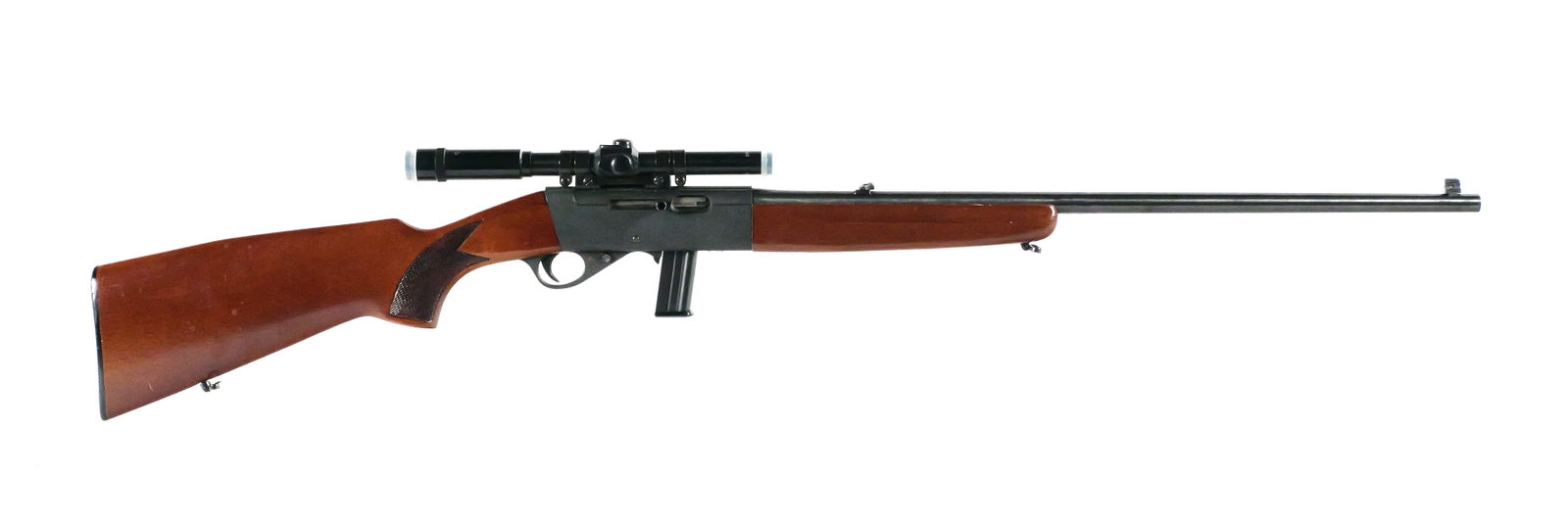 Anschutz Model 520 .22 LR Semiautomatic Rifle: Anschutz Model 520/61 semi-automatic .22 LR rifle, serial number 012874, (1969) manufactured by J.G. Anschutz GmbH, Waffenfabrik, Ulm/Donau, West Germany. Barrel measures approx. 23-3/4". Hardwood