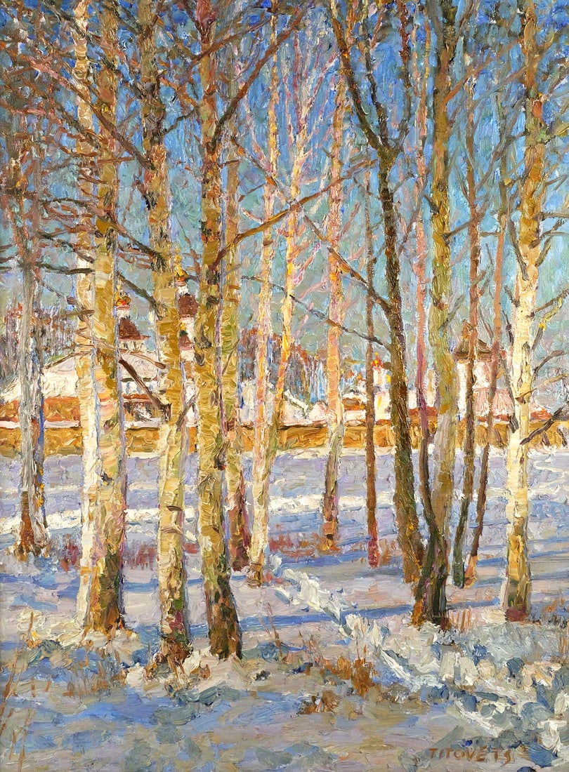 A. TITOVETS Snowy Landscape Painting: Oil on canvas thick impasto painting of a snowy forested landscape signed lower right, on verso the artist is listed as "A. Titovets" with the title "Nostalgia", the artist is Russian born 1960. Canva