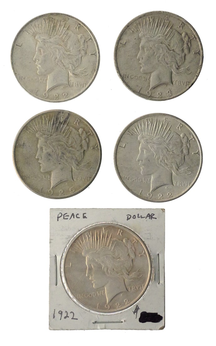 (5) American Silver Peace Dollars 1922-1925: (5) US Peace Dollars dates include (3) 1922, (1) 1923 & (1) 1925. All minted in Philadelphia. This item can be shipped in-house. Multiple lot combined shipping may require 3rd Party shipping.