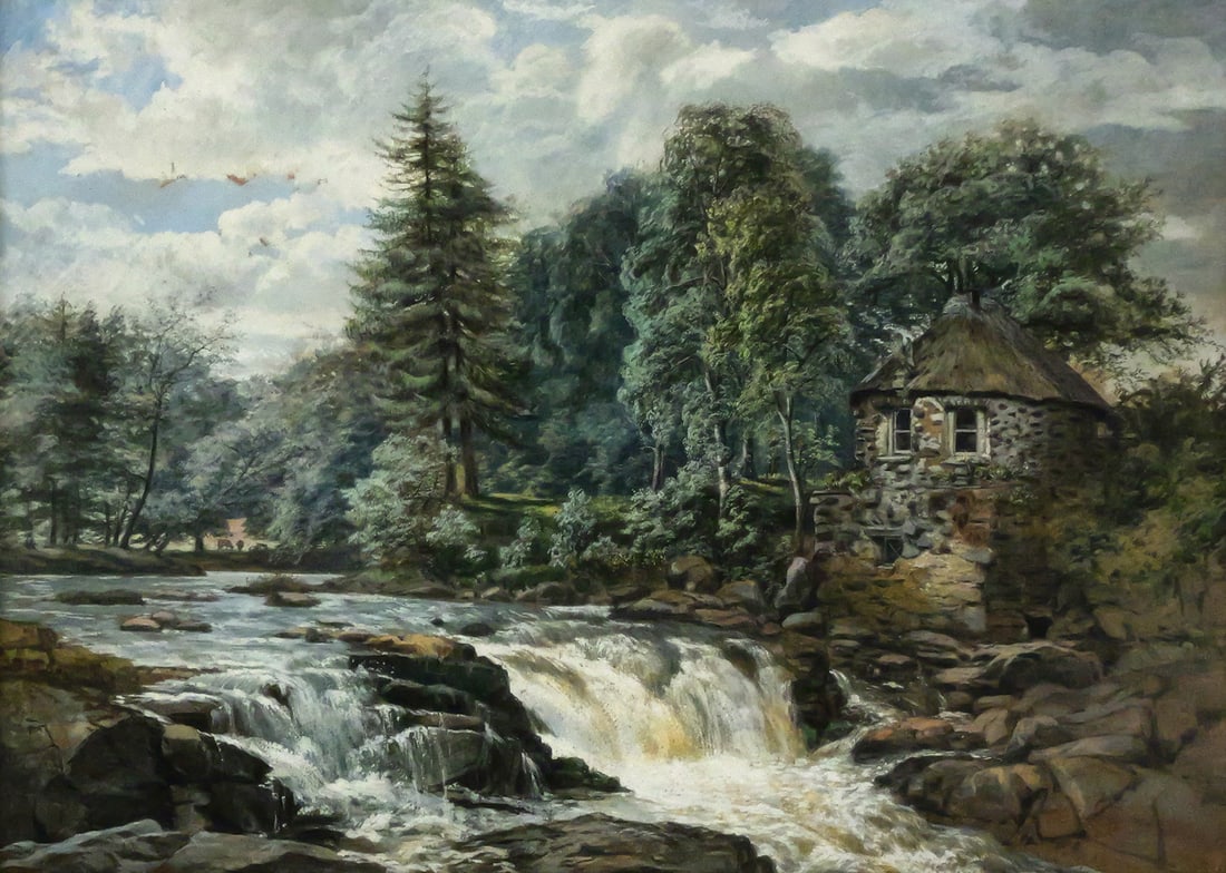 European School Gouache Landscape Painting: Gouache on board/paper of landscape with a river and waterfall rapids with a stone building in a forested landscape, traditional 19th c. European scene. Image measures 9-3/4" x 13-3/4" frame measures 