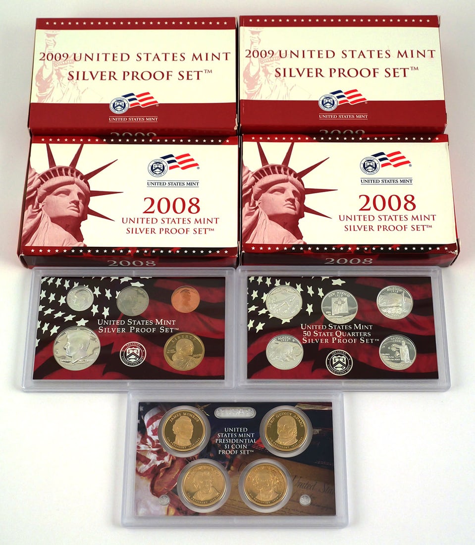 2008 & 2009 U.S. Mint Silver Proof Sets, 4 Sets: Group of four United States Mint Silver Proof Sets comprising two 2008 sets and two 2009 sets. Each set contains the annual proof coin issues produced by the U.S. Mint, including 90% silver coinage. P