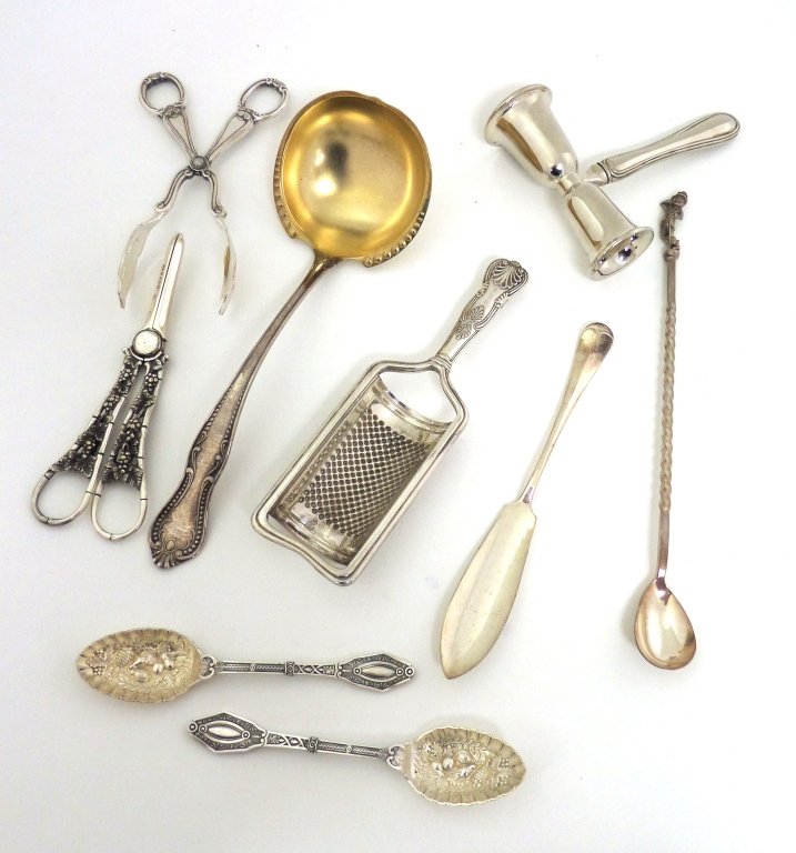 9 pieces antique silver serving items: Includes cheese grater, grape shears