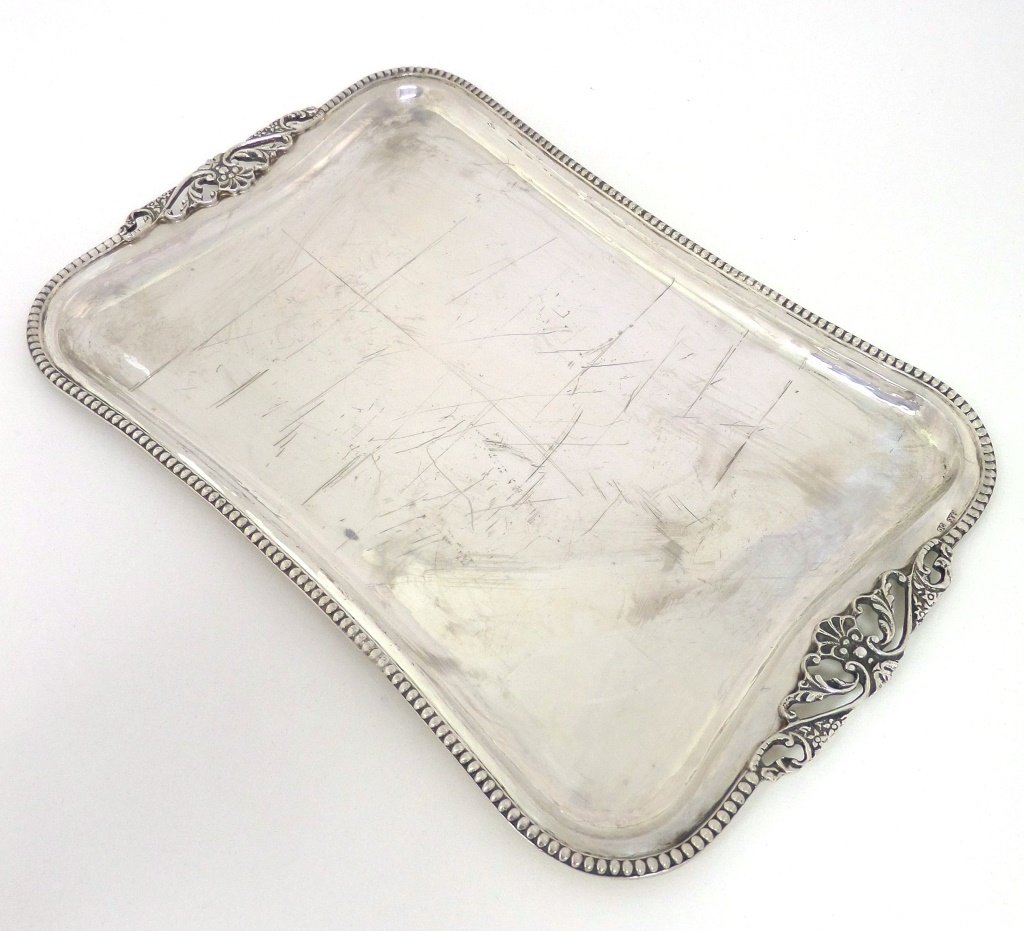 Antique 900 silver beaded edge butler tray: 8" x 12" , 14.75 ozt, hallmark OC
