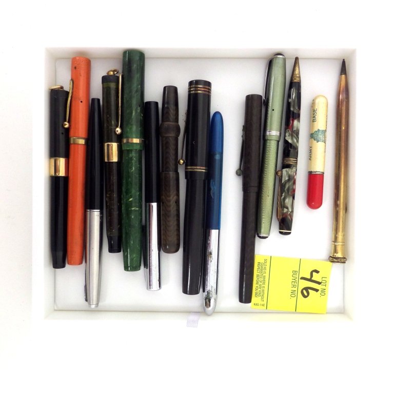 14 vintage pens and pencils, some with 14k nibs: Most are lever set but need new sacks. The green Webster and big brown Morrison have 14k nibs. There is also an orange waterman. All show use.