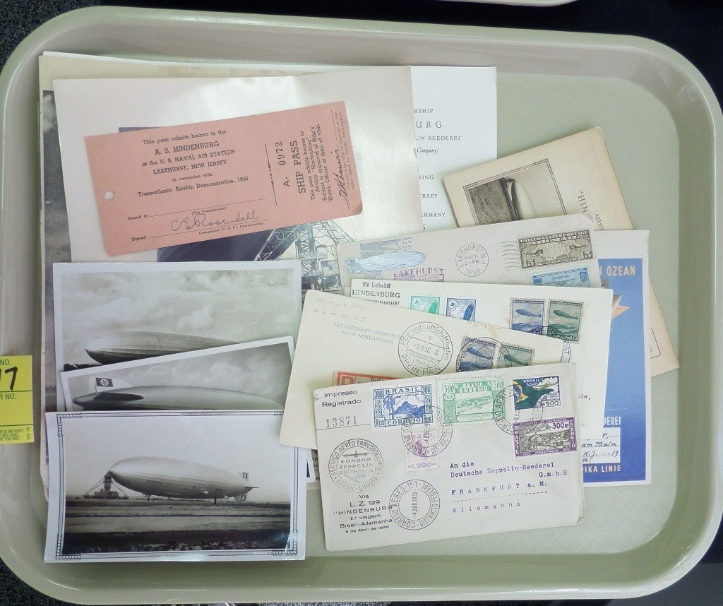 Lot of Hindenburg memorabilia: Incl original luggage tag, boarding pass, several postcards, and envelopes with Hindenburg postmarks (letters carried on the airship). Impressive historic collection.