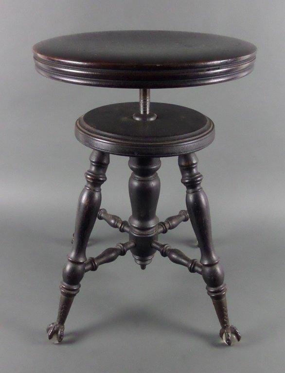 19C Victorian PIANO STOOL, Glass Ball & Claw Feet: Seat 14-1/2" diameter. (In this auction, we're offering also a high-back Victorian piano stool.)
