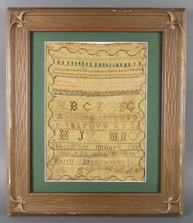 1805 Vermont SAMPLER, Nice Early Americana: Alphabet sampler signed Miriam Marrit of Brattleborough (now spelled Brattleboro), Vermont. Sampler measures 14-1/8" by 10-1/4". Toning, but no apparent damage.