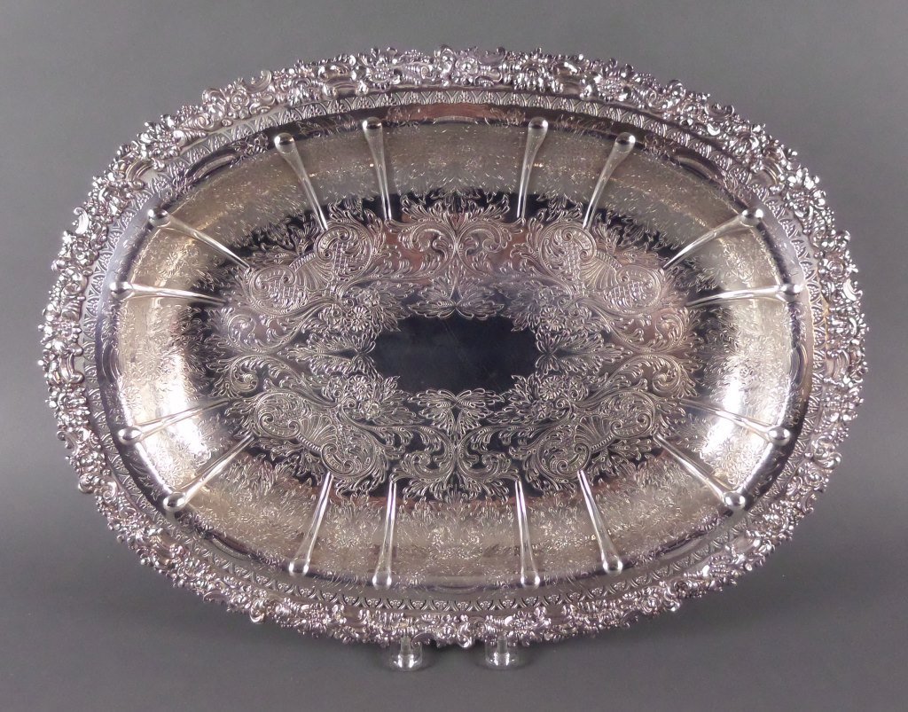 19C Silverplate ELLIS BARKER Deep Serving Platter: Absolutely gorgeous tray. Ellis Barker menorah mark. Measures 13" x 18", with ornate and highly detailed chasing and openwork. Clean, with no damage and minimal wear.