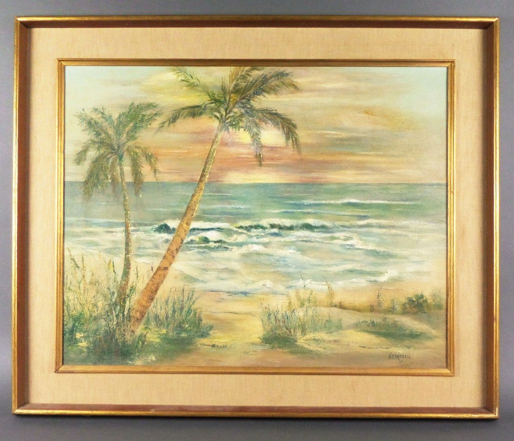 HUGH H. CAMPBELL (1905-97) oil on board Florida: Titled on label affixed to reverse: "Florida Sunset, Belleair Beach." Signed lower right, "H. Campbell '64." Campbell is a well-listed artist active primarily in New Jersey. His beach scenes are scarc