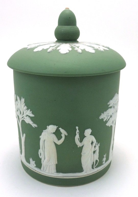 Wedgwood GREEN JASPERWARE Biscuit Jar Early Mark: 7-3/4" high