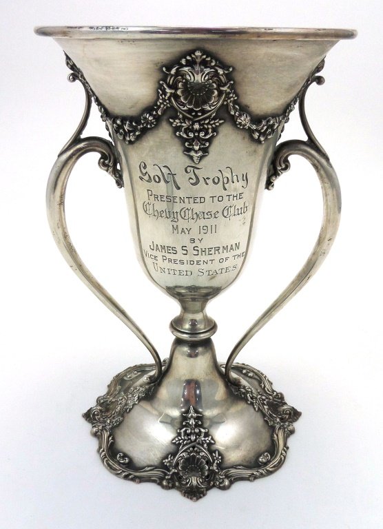 Historic Sterling Silver GOLF TROPHY, Art Nouveau: This is a very special piece of golf history: It's a perfect, solid sterling silver replica of a famous trophy presented to the winner of a 1911 tournament at the Chevy Chase Club (Maryland) by the U.