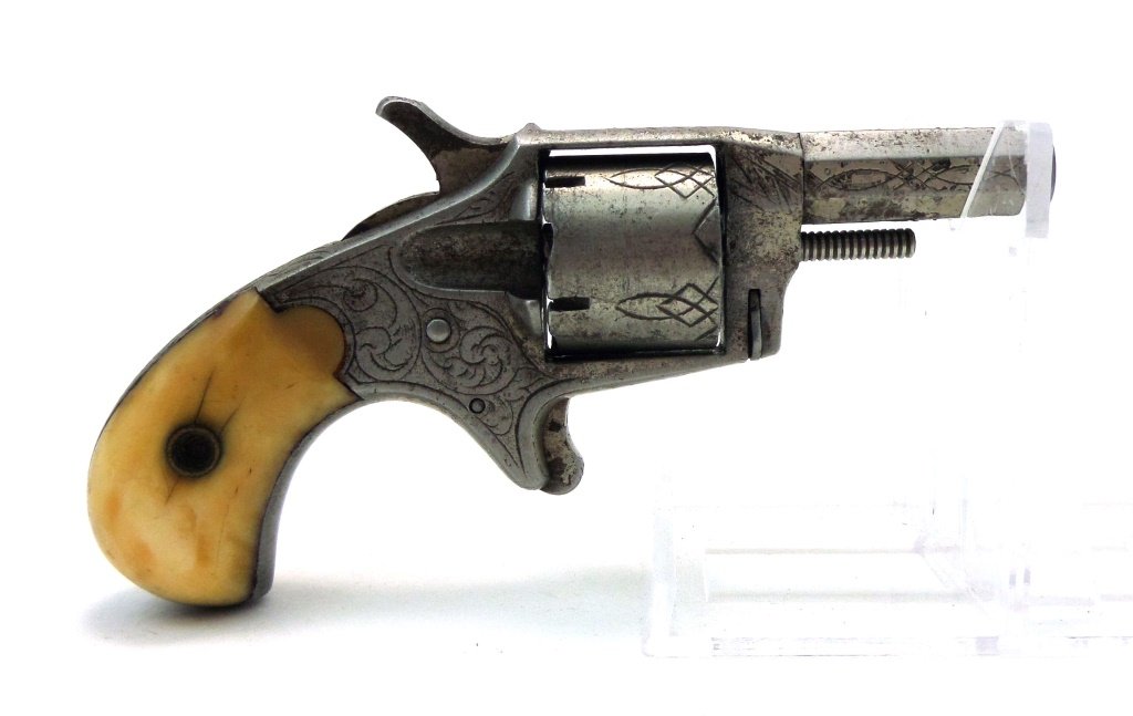 1870s GEM POCKET REVOLVER Lady's Pet Pistol: Exceedingly scarce spur trigger pistol, the Gem pocket revolver, made by Bacon Arms Co. of Norwich, Conn., in the late 1870s to early 1880s. .22 caliber. Overall length 4". Original grips intact, with