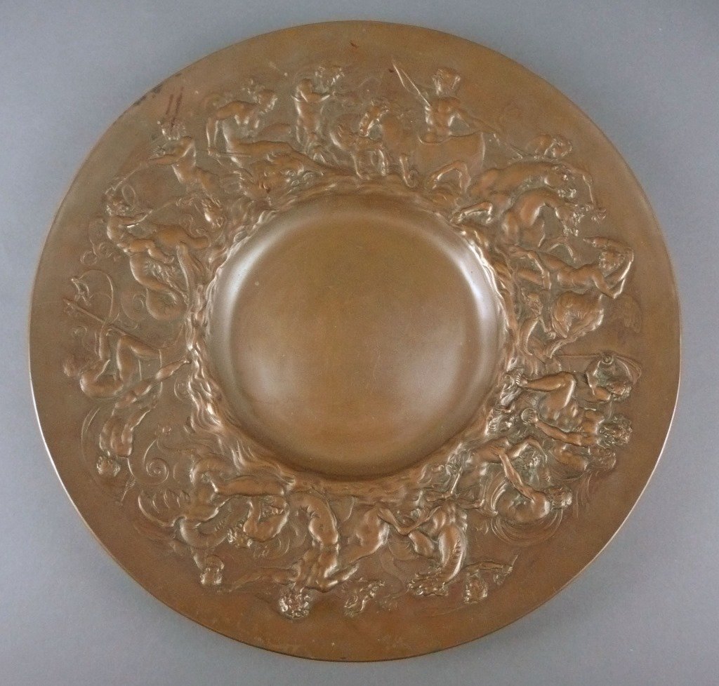 Old Copper 16" Charger Newlyn School Pearson: Antique 16" copper repousse charger, highly detailed with sea creatures and deities from classical mythology. Looks quite a lot like Newlyn School (English Arts & Crafts) or John Pearson, but I cannot