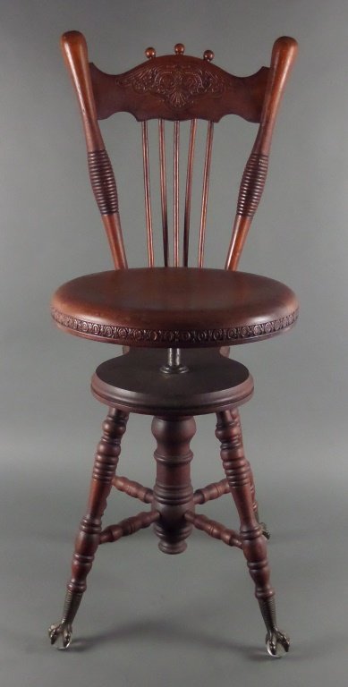 Antique Victorian High Back PIANO STOOL: 35" high. Glass ball and claw feet. A backless Victorian piano stool is in this same auction.