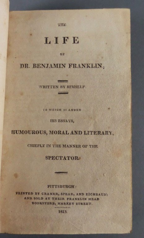 Old Book: Life of BENJAMIN FRANKLIN, 1813: Good condition, with patch of some sort on leather boards. One very old tape repair on one page. Toning, as expected.