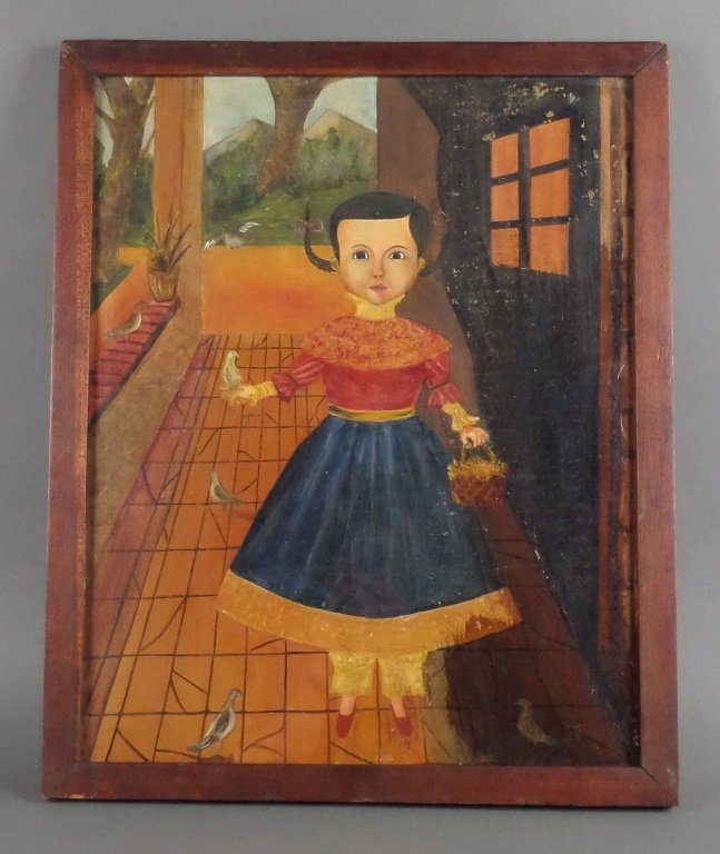 Old PRIMITIVE PAINTING of Girl in Hallway with Birds: Interesting painting on canvas, no stretcher, framed under glass. It is an old painting of a girl holding a basket in one hand and a bird on the other. The right side of the 19-1/2" x 15-1/2" visible 